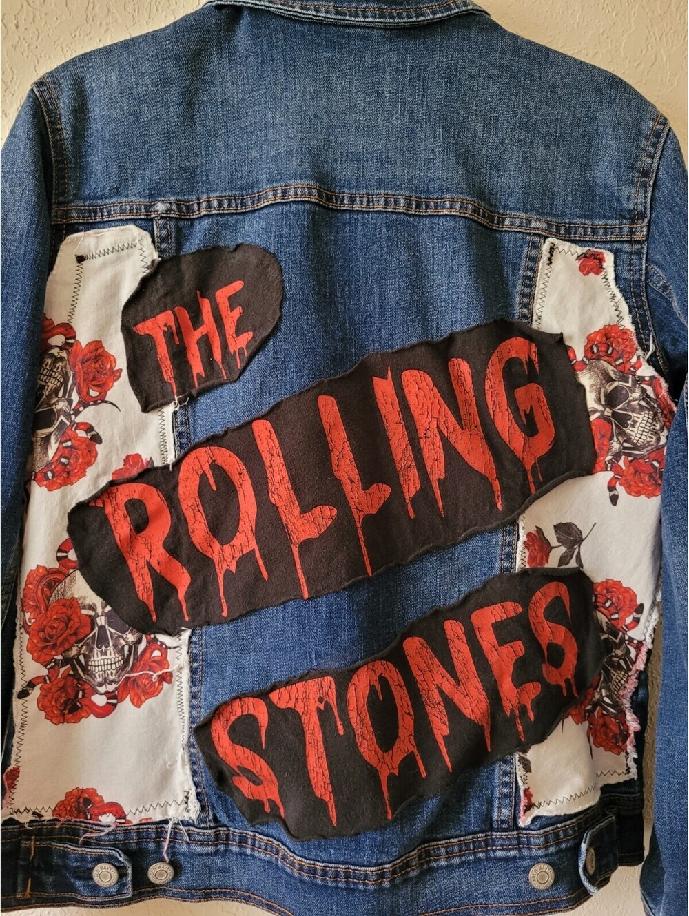 Upcycled Rolling Stones Women's Lg Denim Jacket. Rocker Skulls Concert Old Navy